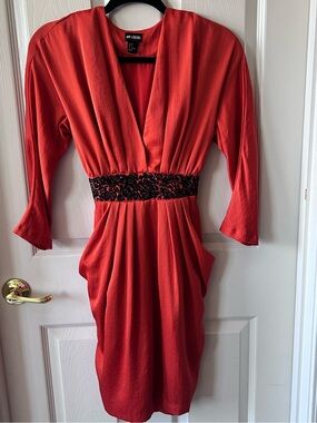 H&M  Orange Red Satin Draped Cocktail Dress Embroidered Waist